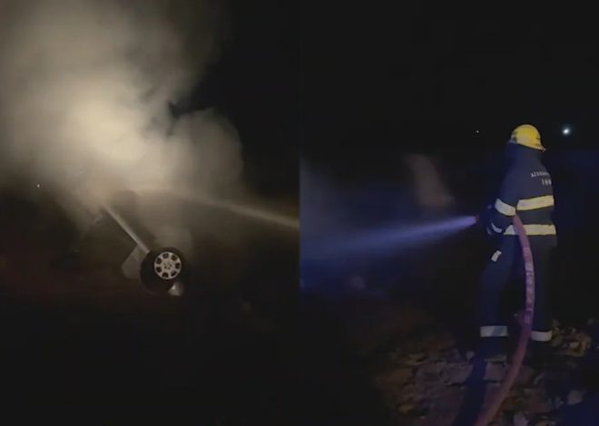 Qaradağda qəzaya uğrayan “Mercedes” yandı