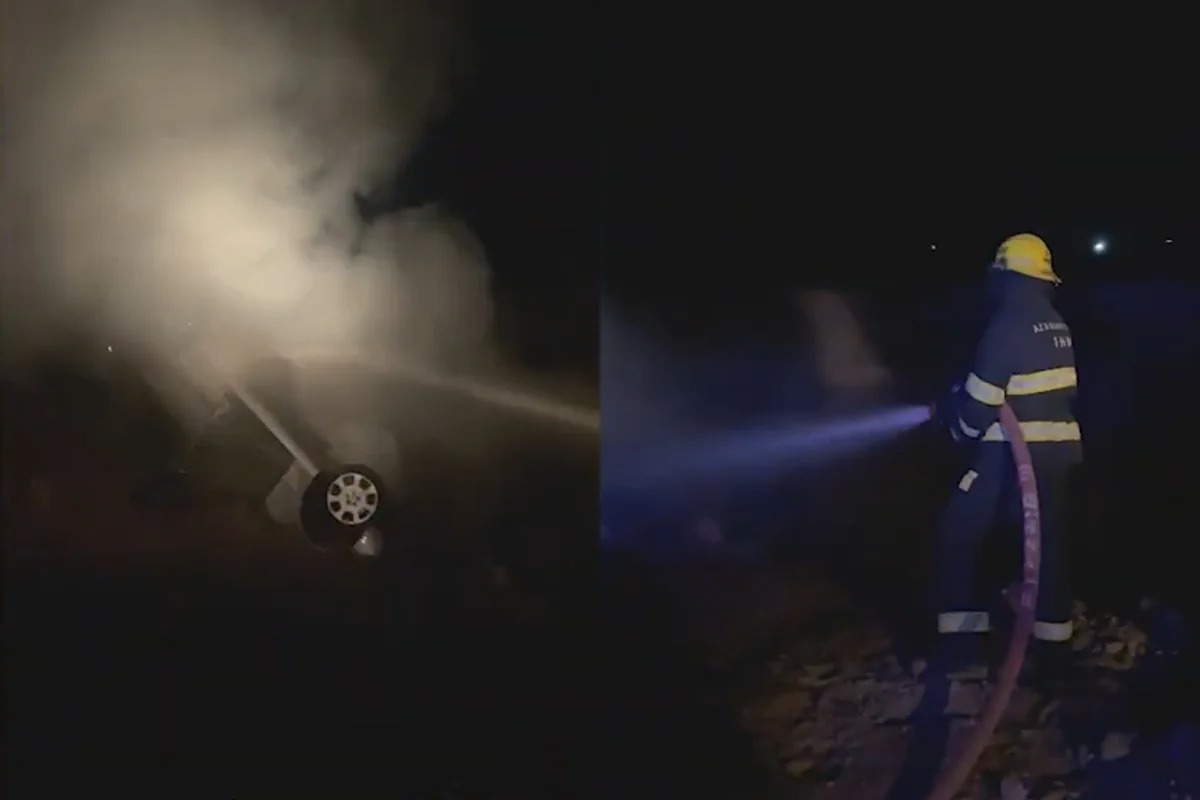Qaradağda qəzaya uğrayan “Mercedes” yandı